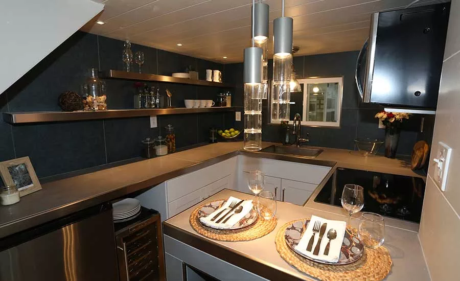 Schluter trim installed on countertops and shelves