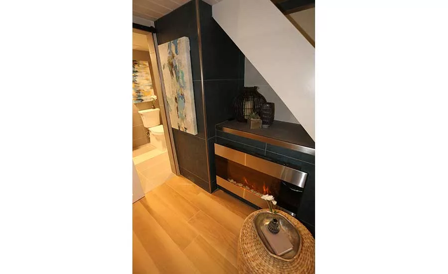 fireplace under loft stairs