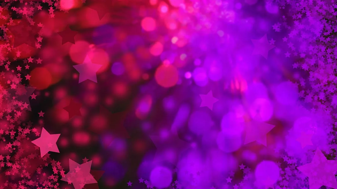 Vibrant pink and purple gradient background with bokeh lights and scattered stars