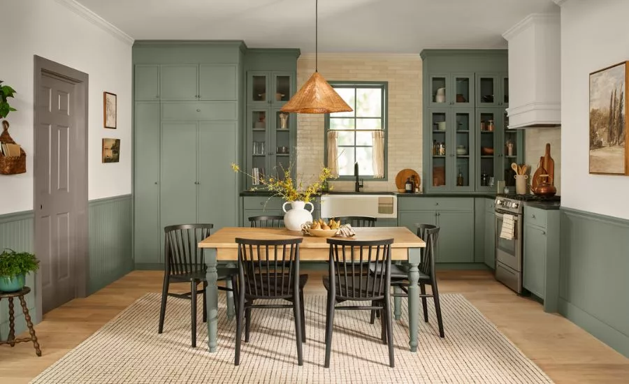 a kitchen with warm green cabinetry