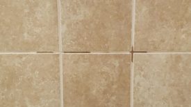Water-darkened grout on shower wall