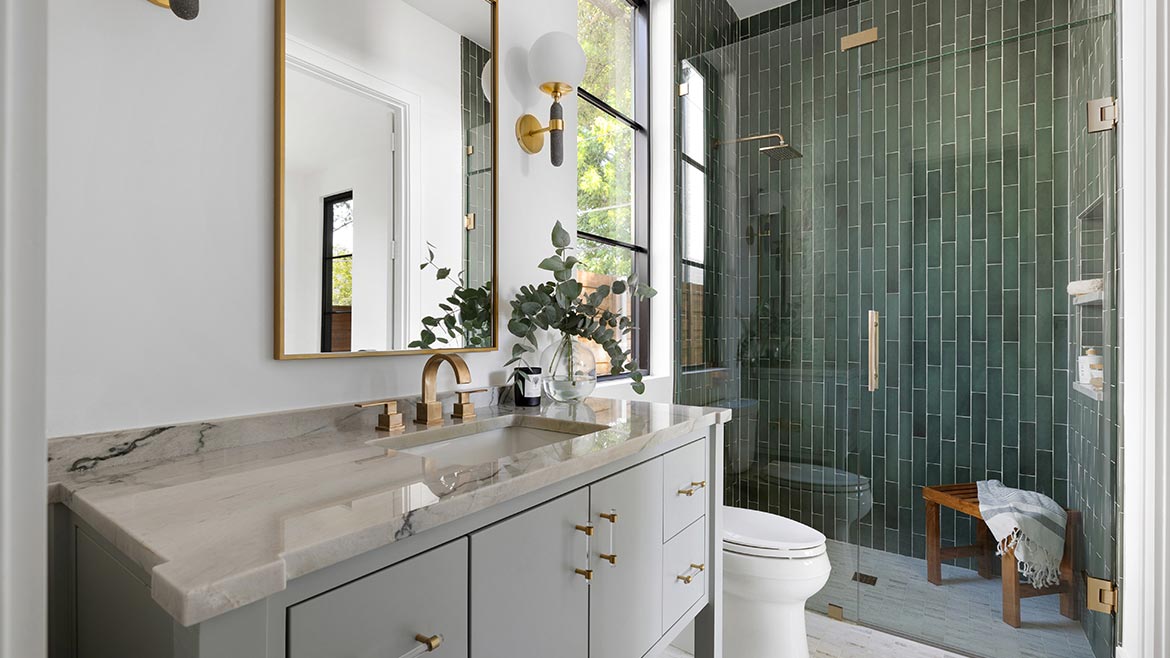 continuous floors roll from the shower through the entire space