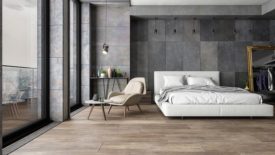 large-format tile installed in a bedroom