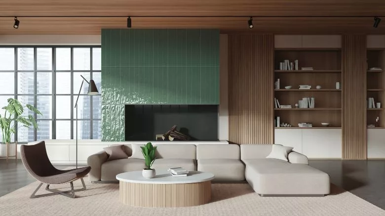 Milestone Playful tile on a fireplace.