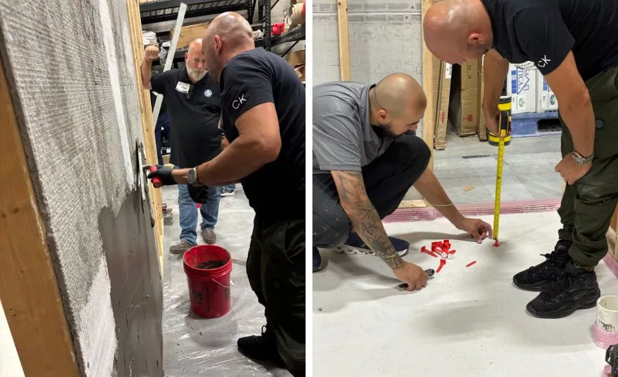 installers installing tile on floors and walls