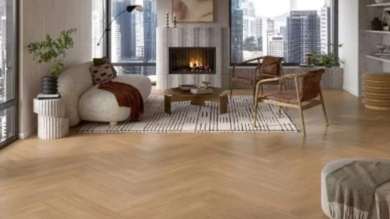 A living room with light resilient flooring